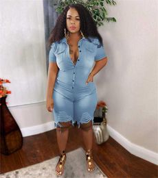 Plus Size Clothing Jeans Jumpsuits Women L5XL Short Sleeve Bodysuit Ripped Denim Shorts Whole Drop 2111026609748