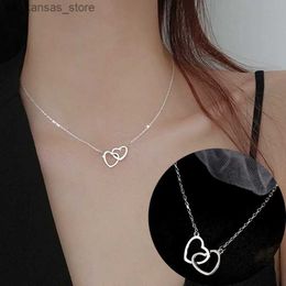 Pendant Necklaces Simple Double Heart Pendant Necklace for Women Couple Stainless Steel Choker Gold Colour Chain Wedding Party Friends Jewellery Gift240408