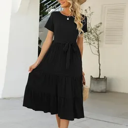 Casual Dresses Long For Women Women'S Solid Color Tie Round Neck Short Sleeve Elegant And Pretty