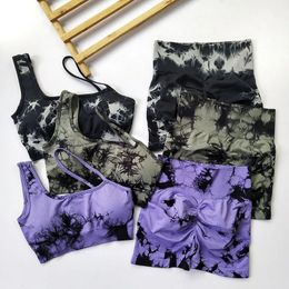 Tie Dye Yoga Set Seamless Padded Bra High Waist Stretch Gym Shorts Workout Suits Summer Sports Wear Femme Two Pieces 240402