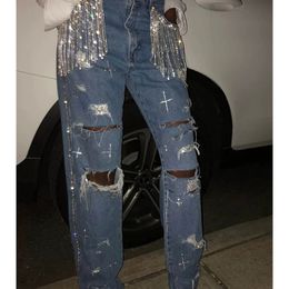 Women Holes Jeans Beading Decaration Denim Trousers Plus Size Casual Vintage Jean Ripped Shiny Tassel Hollow Out Jean Spring 240320