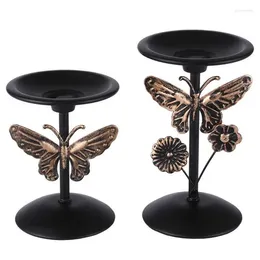 Candle Holders Pedestal Stand Retro Black Metal Set Of 2 Decorative With Romantic Butterfly And