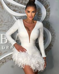 Casual Dresses White Black Color Women Long Sleeve Sexy Bodycon Mini Bandage Dress Feathers Nightclub Party Celebrate Birthday