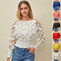 Sexy Off Shoulder Womens Tops And Blouses Mesh Sheer Puff Sleeve Tops Summer 3D Flower Vintage White Women Shirt Blouse240402