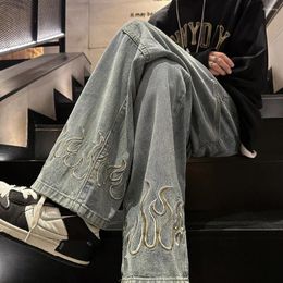 Women's Jeans Embroidered Flame Vintage American Style Loose Straight Mopping Pants For Men