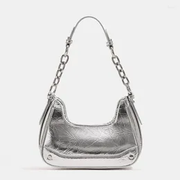 Evening Bags Sweet Cool Silver Underarm Bag For Women 2024 Summer Zipper PU Designer Chain Fashion Commuter Crossbody