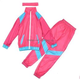 Set di abbigliamento per bambini con binari anni '80 Spring Autumn Girls Boys Cardigan Gacche e pantaloni Costume Hip Hop Sport Trench Windbreak C dhzpt