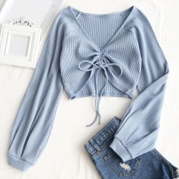 Dresses Zaful Women Tops V Neck Tshirt Textured Knitted Gathered Crop Top Raglan Sleeve Knit Top Sexy Solid Fashion Outfits 2021 Fall