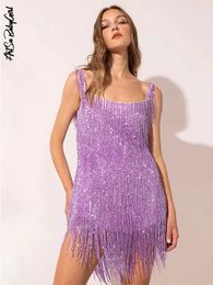 Sequin Tassel Dress Spaghetti Strap Dress Square Neck Sleeveless Dress Evening Sexy Backless Tank Midi Dress Woman Purple Dress 240319