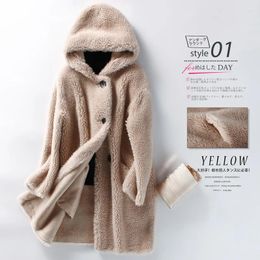 Women's Fur 2024 Winter Granular Sheep Fleece Coat Hooded Mid Length Leather And Integrated Lamb Grass