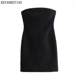 Casual Dresses KEYANKETIAN Winter Women's Faux Fur Effect Corset Dress Elegant Stylish Slash Neck Zipper Backless Tight Black Mini