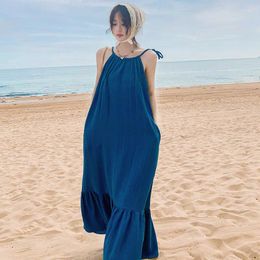 Casual Dresses Shpmishal Spring/Summer Vintage Elegant French Display White Hanging Neck Dress Holiday Style Fashion Design Sense Long