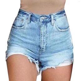 Women's Shorts High Waist Bleached Blue Ripped Hole Stretch A Line Pants Women Jeans Frayed Hem Tassels