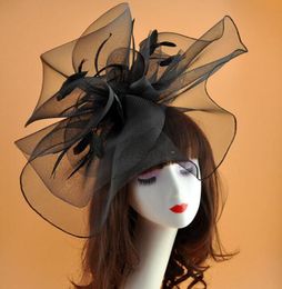 Exaggerated Large Bridal Hats Vintage Tulle Net Party Hat with Feather Stunning Black Formal Large Hats2356210