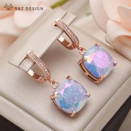 Dangle Earrings S&Z DESIGN Fashion Cubic Zirconia Crack Square Crystal For Women Jewelry 585 Rose Gold Color Eardrop
