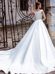 Elegant Satin Wedding Dresses Beaded Sash Bridal Gowns Plus Size Off The Shoulder Sweep Train A-Line Wedding Dress