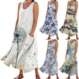 Casual Dresses Vintage Floral Cotton Linen Dress For Women 2024 Oversized Long Beach Sundress Loose Tank Shirt Summer With Pockets