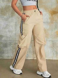 Women's Jeans Y2K Women Fashion Wide Leg Cargo Pants Elastic Waist Tie Pockets Baggy Trousers Ladies Strt Hip Hop Sweatpants Y240408