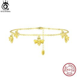 ORSA JEWELS 14K Gold 925 Sterling Silver Bee Chain Anklets for Women Girls Summer Beach Foot Bracelet Ankle Straps Jewellery SA61 240408