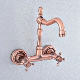 Bathroom Sink Faucets Antique Red Copper Brass Double Cross Handles Swivel Spout Kitchen Tub Faucet Mixer Water Taps Tsf857