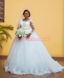 Dresses Beautiful Nigerian Lace Beads Wedding Dresses Sheer Long Sleeve Tulle Vestido de novia Country Formal Custom Bridal Gown African B