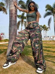 Women's Jeans Y2K Strt Tidal Flow Camo Print Flap Pocket Side Drawstring Waist Cargo Parachute Pants Adjustable Cuffs Y240408