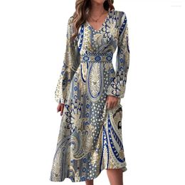 Casual Dresses Slimming Ethnic Print Dress Retro Style Women's Midi With V Neck A-line Silhouette Long Lantern Sleeves For A