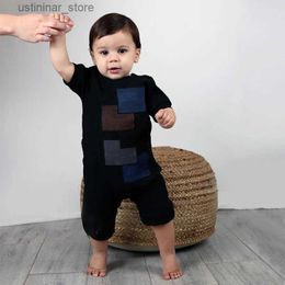 Rompers Baby romper denim patch kids clothes short sleeves black ribbed baby overalls kids boy girls clothes without feet summer romper L47