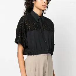 Women's Blouses Spring/Summer Beaded Transparent Short Turn-down Collar Sleeve Shirt For Women