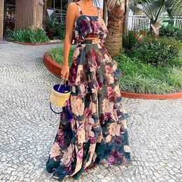Work Dresses Women 2 Pieces Sets Halter Top Cake Skirt 2024 Floral Print Beach Side Holiday Summer Style Woman Suit Vestidos GHH21283