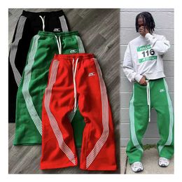 Custom Embroidery Unisex Side Stripe Sweatpants Jogger Trousers Oversized Baggy Wide Leg Cotton Knit Track Sweat Pant for Men