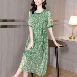 Party Dresses French Green Floral Short-Sleeved Dress For Women's Summer 2024 Print With Waist Lace Up Shows Thin Skirt