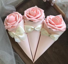 Paper Cone Shape Favour holders wedding candy Boxes with Rose Flowers Bowknot Diamond 50pcs lot 1445992