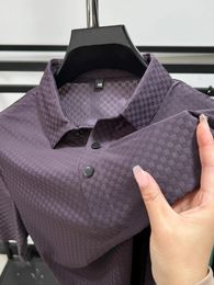 Trendy Summer Mens Shortsleeved POLO Shirt Ice Silk Breathable and Cool Quality Plaid Lapel Business Casual Korean Top Tshirt 240402