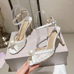 Sandals 2024 White Embroidered Pearl Stiletto Arrival Solid Women Round Toe Thin High Heel Ankle Buckle Sexy Dress Shoes