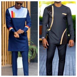 Classic Mens 2-piece Suit Suit Pants Jacket T-shirt Solid Color Long Sleeved Holiday Wedding African Ethnic Clothing 240328