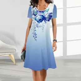 Casual Dresses Summer Midi Dress Lightweight Floral Print A-line For Women Short Sleeve O Neck Knee Length Soft
