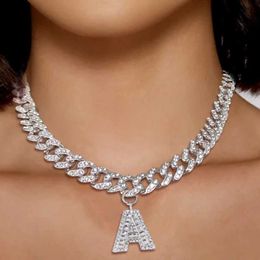 Pendant Necklaces Miami Cuban Chain Baguette Initial A Z Necklace Choker For Women Hip Hop Iced Out Rhinestone Letter Jewellery 230613