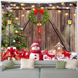 Tapestries Christmas Tapestry Cute Snowman Xmas Tree Balls Wreath Gifts Brown Wooden Door Year Decor Home Living Room Wall Hanging