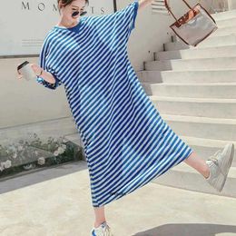 Casual Dresses Plus Size 6XL 150kg Women Blue Stripe Dress O Neck Short Sleeve Long Ladies Summer Vintage Maxi Vestidos