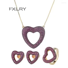 Necklace Earrings Set FXLRY Gold Color Hollow Heart Shape Full Paved Cubic Zirconia Rings Stud Pendant Necklaces Women Jewelry