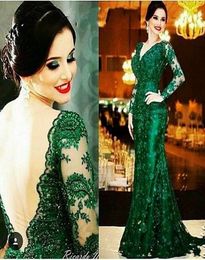 2020 Cheap Arabic Emerald Green Mermaid Evening Dress VNeck Sheer Backless Long Sleeves Mother Formal Wear Party Gown Custom Made4825369