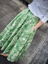 Skirts Tropical Plant Print Silk/Cotton Poplin Midi Tank Daily Dress Fresh Green Palm Pattern Ruffles High-Rise A-Line Ruches Skirt