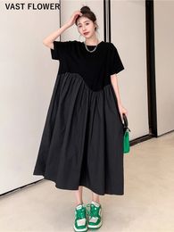 Summer in Pleated Black Vintage Dresses For Women Korean Fashion Short Sleeve Loose Casual Long Dress Clothing 240408