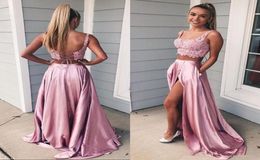 2019 Two Pieces Prom Dresses Scoop Neck Sleeveless Open Back Corset Lace Crop Top Sexy High Split Long Evening Party Gowns Sweep T7486400
