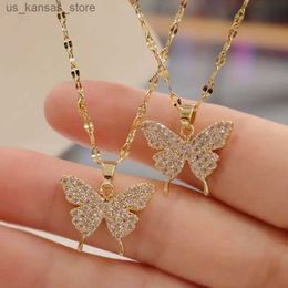 Pendant Necklaces Shiny Butterfly Necklace Exquisite Golden Crystal Pendant Collar Chain Necklace Ladies Wedding Party Jewelry Gift240408