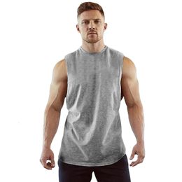 Fitness Vest Mens Solid Colour Sports Bodybuilding Side Large Split Loose Waistcoat Cotton Tshirt 240408