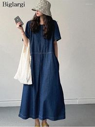 Party Dresses Denim Summer Long Dress Women Korean Style Loose Ruffle Pleated Fashion Ladies Short Sleeve Casual Woman A-Line