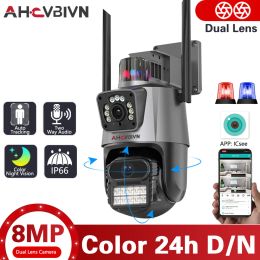 Cameras 8MP PTZ WiFi Camera with Dual Screen Auto Tracking Colour Night Vision Outdoor Waterproof CCTV Surveillance Camera ICSEE App