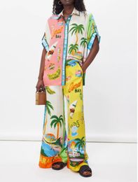 STYLISH LADY Tropical Printed Cotton Linen 2 Piece Set Women Half Sleeve Shirt and Wide Leg Pant Suits 2024 Vocation Outfits